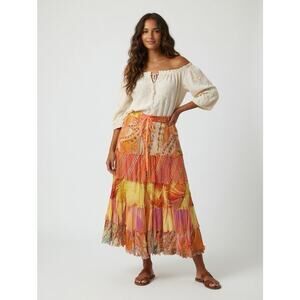 Midnight Velvet Women's Medium Orange Patchwork Boho Maxi Skirt Hippie Festival